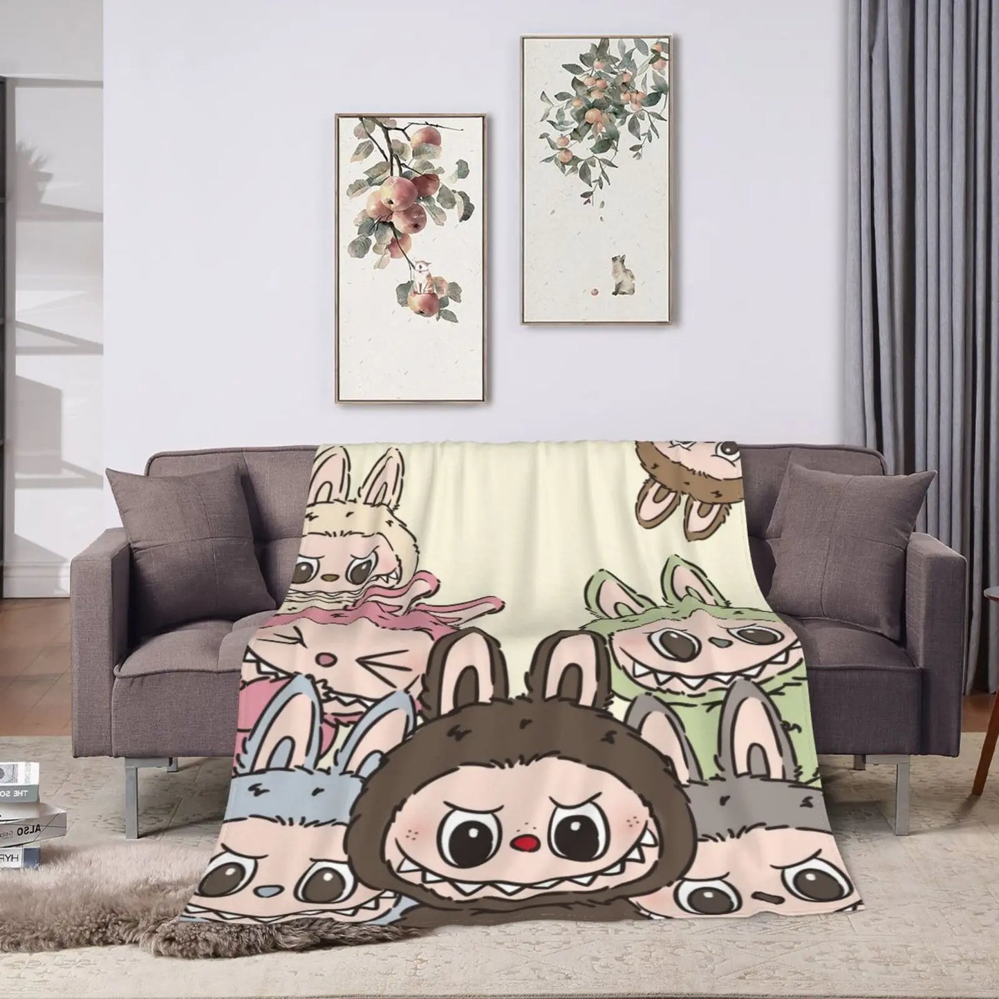 [Ship from US] LABUBU Soft Flannel Blanket, Cartoon Design Lightweight Throw Blanket
