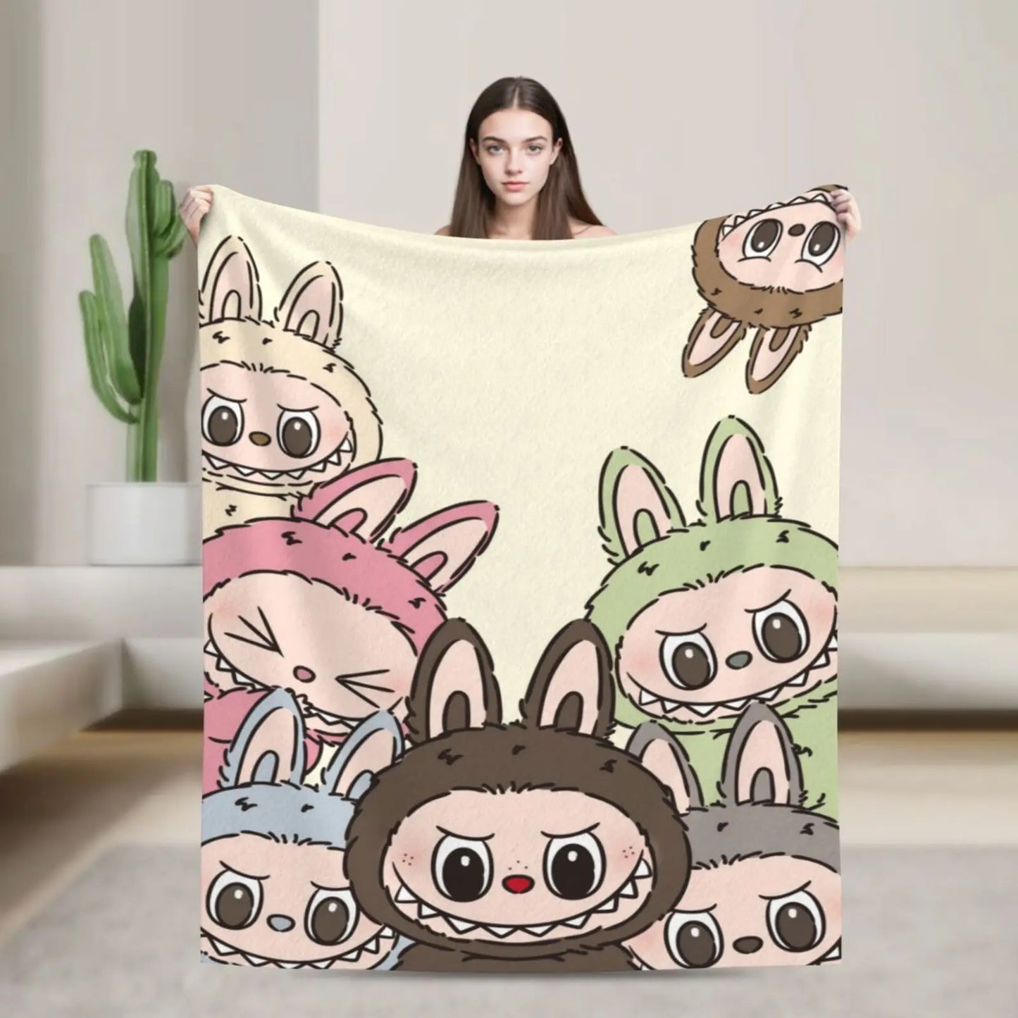 [Ship from US] LABUBU Soft Flannel Blanket, Cartoon Design Lightweight Throw Blanket
