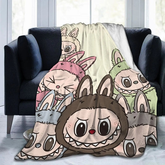 [Ship from US] LABUBU Soft Flannel Blanket, Cartoon Design Lightweight Throw Blanket
