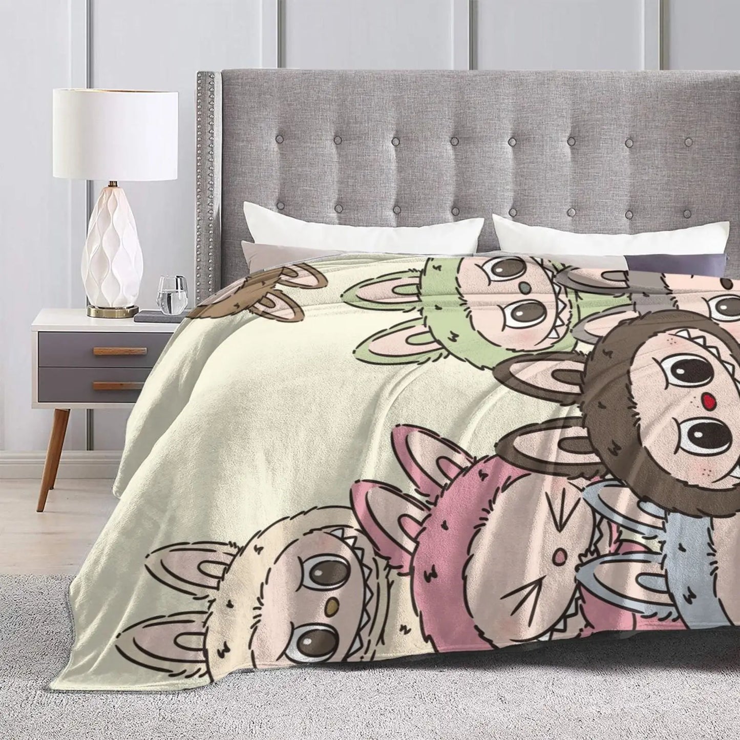 [Ship from US] LABUBU Soft Flannel Blanket, Cartoon Design Lightweight Throw Blanket